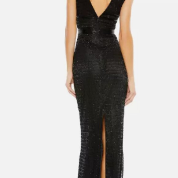 MAC DUGGAL 5625 BEADED CAP SLEEVE V-NECK BLACK COLUMN GOWN sz 4 - Picture 4 of 5